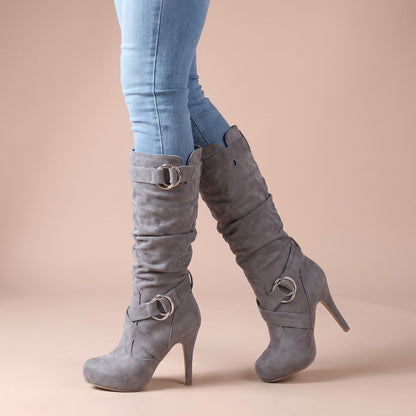 Kniehohe Stiefel mit Stilettoabsatz und Plateau, Damen Winterstiefel in Veloursoptik mit Metallringen