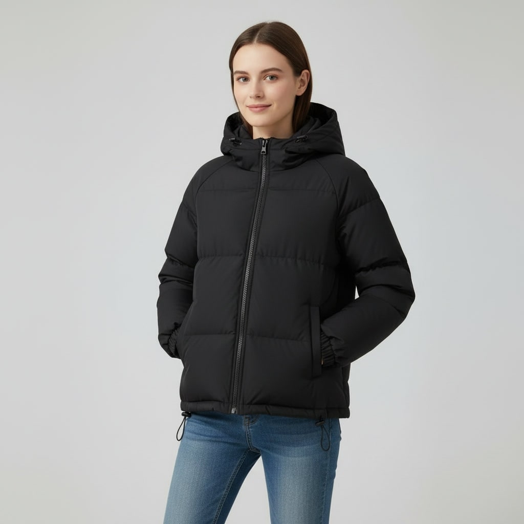Schwarze kurze Pufferjacke mit Kapuze am Model
