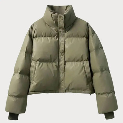 Armeegrüne kurze Pufferjacke mit Stehkragen