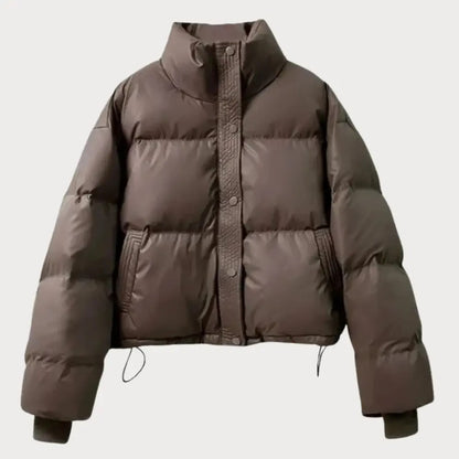 Mokkabraune kurze Pufferjacke mit Druckknopfleiste