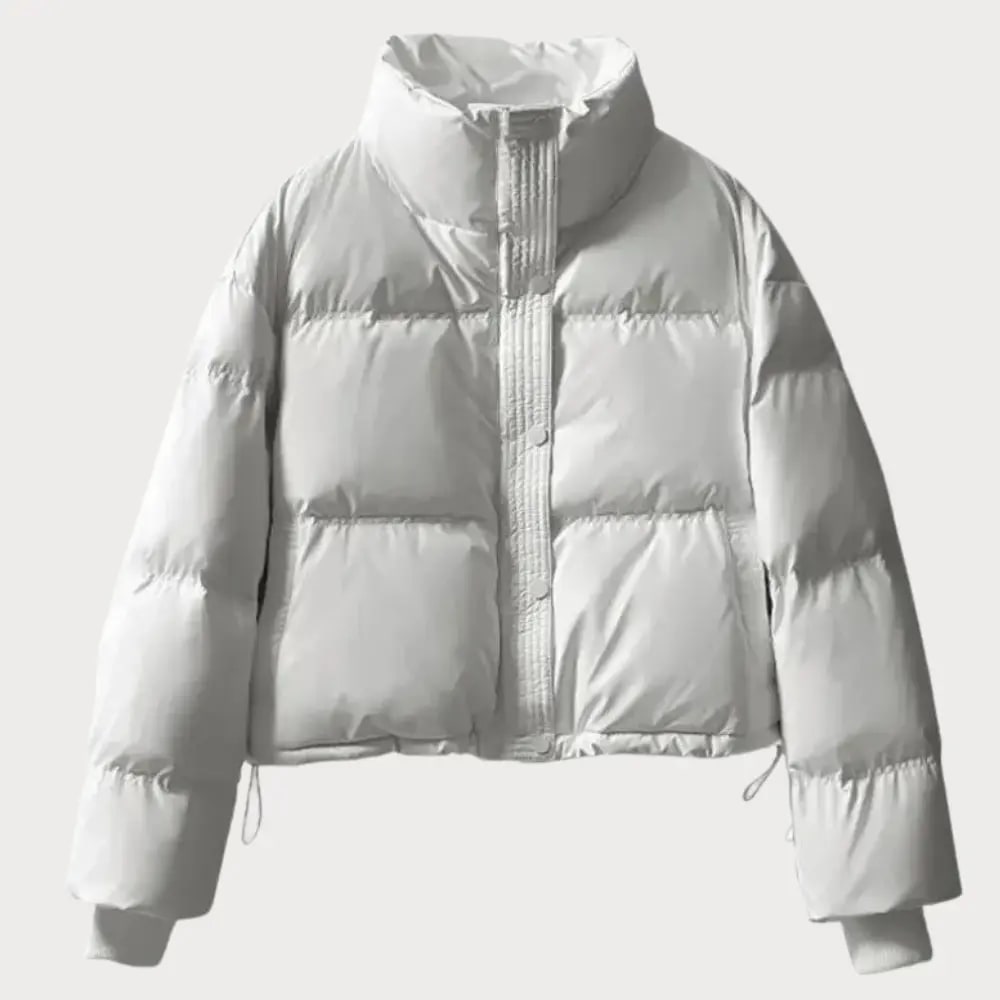 Weiße kurze Pufferjacke mit Stehkragen