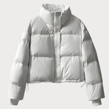 Weiße kurze Pufferjacke mit Stehkragen