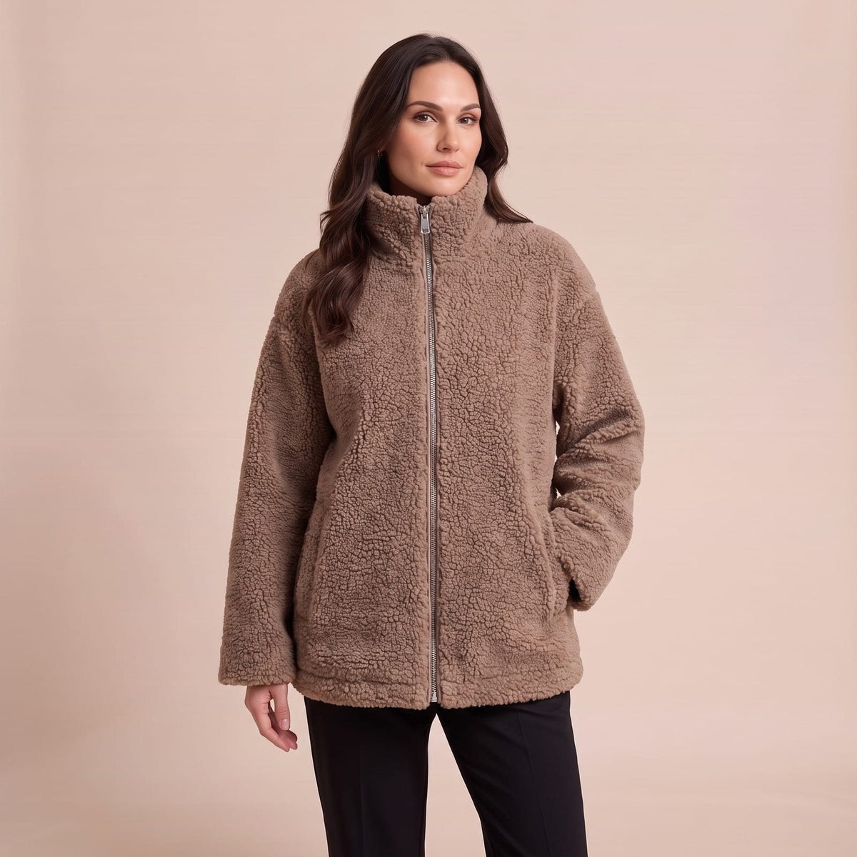 Teddy Fleecejacke Damen Oversize mit Reißverschluss 1