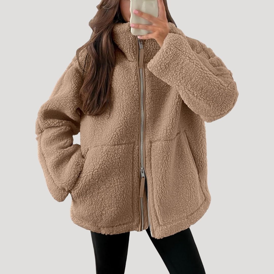 Teddy Fleecejacke Damen Oversize mit Reißverschluss 2