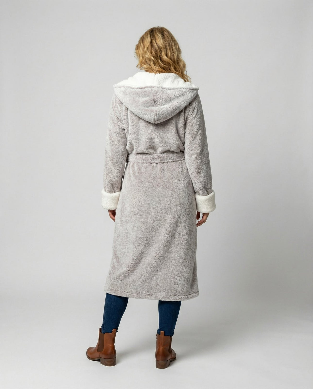 Fleece-Morgenmantel Damen mit Kapuze und Teddybesatz 5