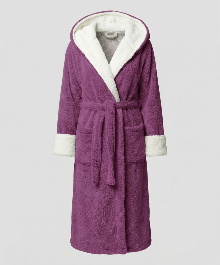 Fleece-Morgenmantel Damen mit Kapuze und Teddybesatz 6