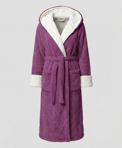 Fleece-Morgenmantel Damen mit Kapuze und Teddybesatz 6