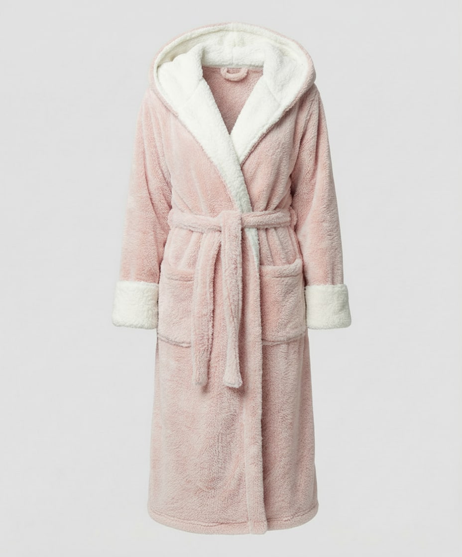 Fleece-Morgenmantel Damen mit Kapuze und Teddybesatz 7