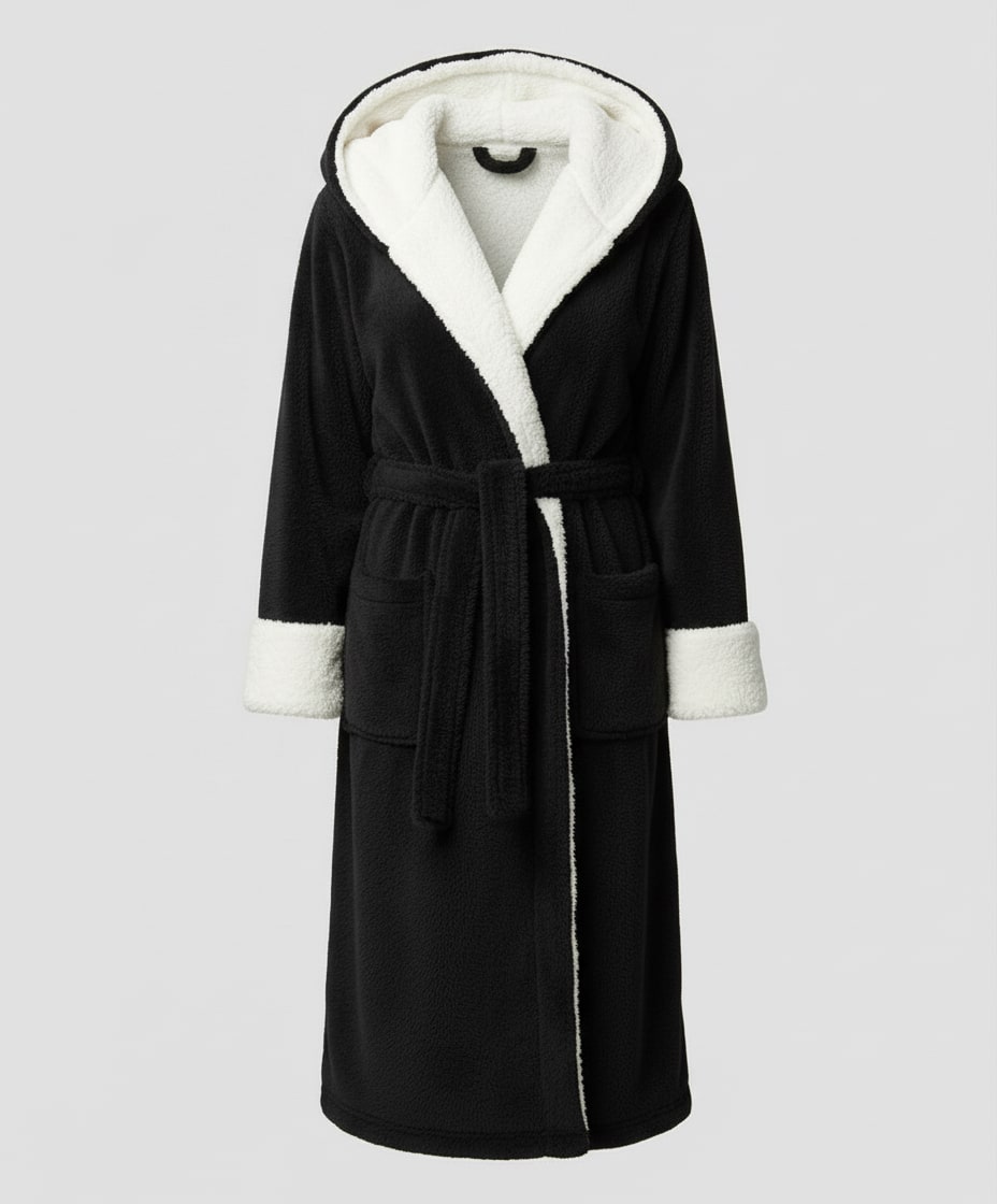 Fleece-Morgenmantel Damen mit Kapuze und Teddybesatz 8