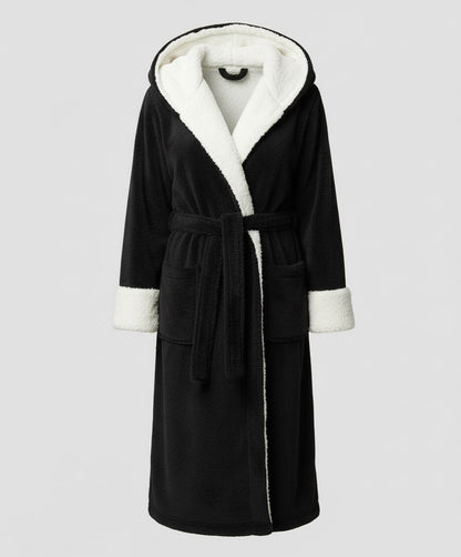 Fleece-Morgenmantel Damen mit Kapuze und Teddybesatz 8
