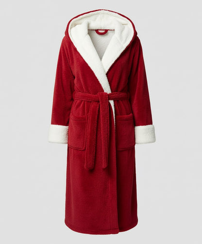 Fleece-Morgenmantel Damen mit Kapuze und Teddybesatz 9