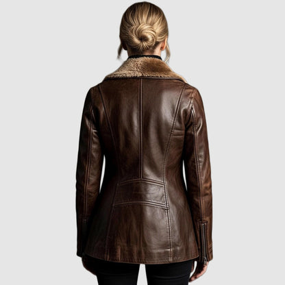 Lammfelljacke Damen aus Leder mit Reverskragen in Braun 2