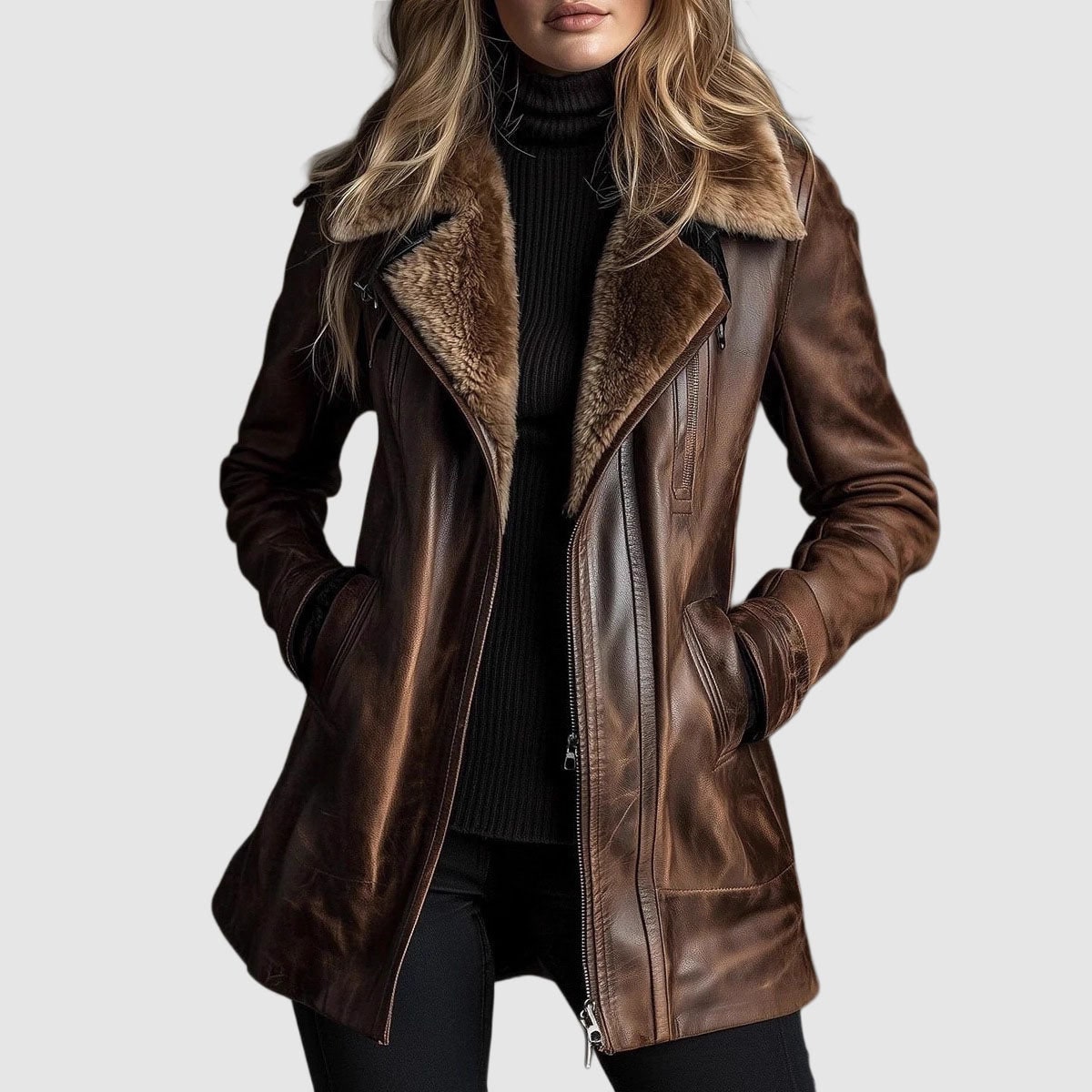 Lammfelljacke Damen aus Leder mit Reverskragen in Braun 1