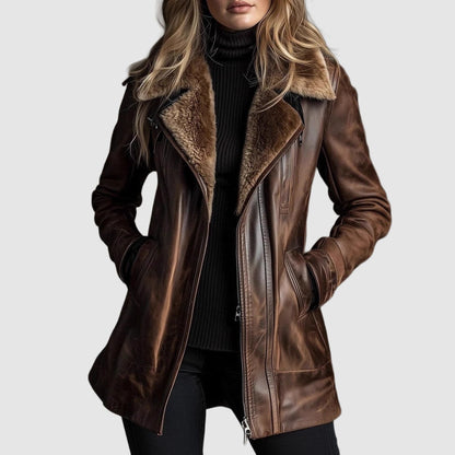 Lammfelljacke Damen aus Leder mit Reverskragen in Braun 1