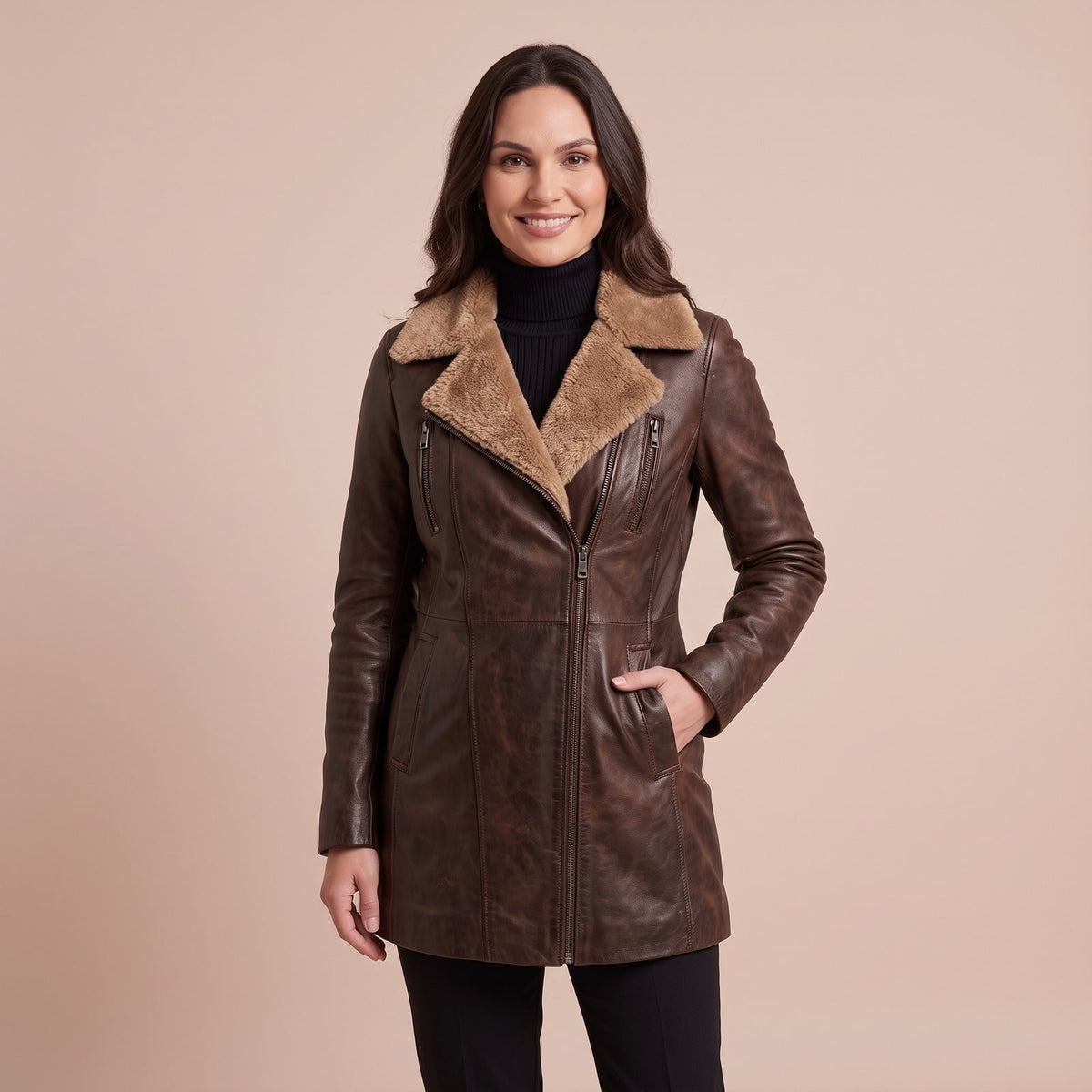 Lammfelljacke Damen aus Leder mit Reverskragen in Braun 1