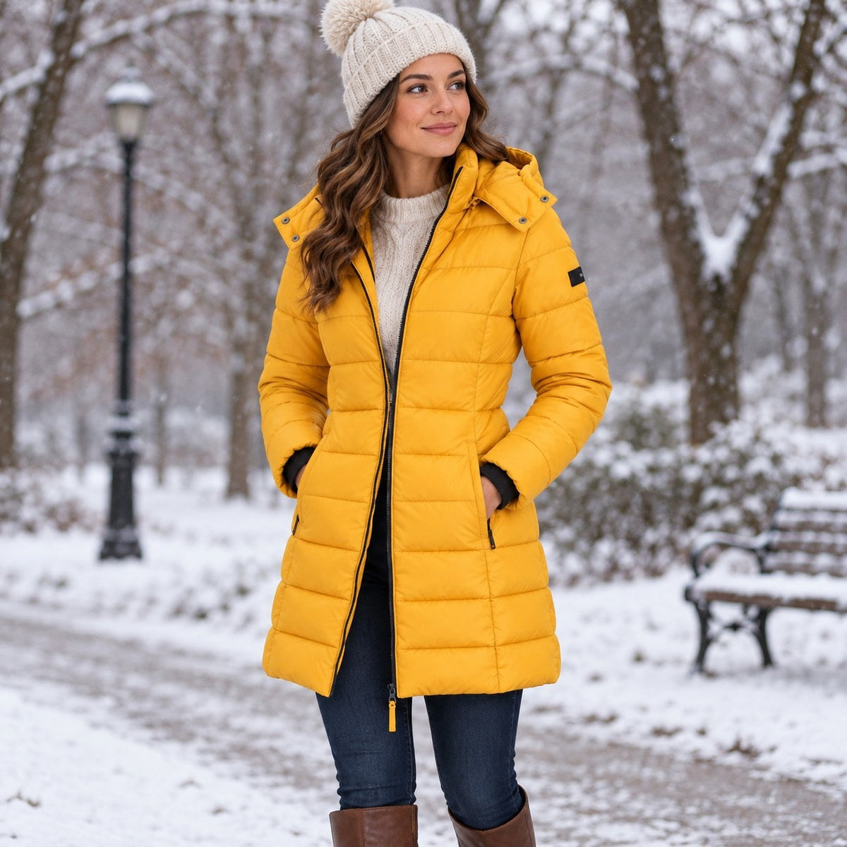 Gelbe Steppjacke im verschneiten Park 4