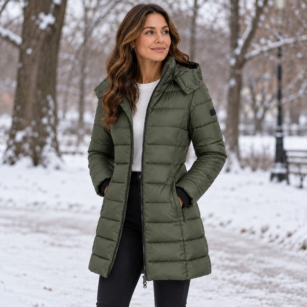 Grüne Steppjacke im verschneiten Park 5