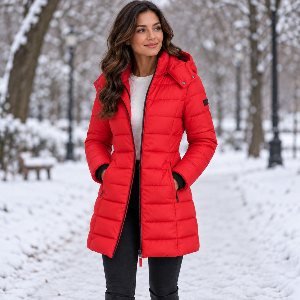 Rote Steppjacke im verschneiten Park 7