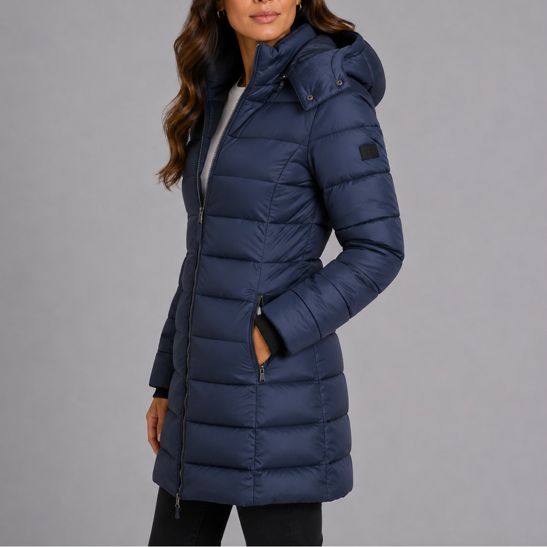 Marineblaue Steppjacke mit Kapuze Seitenansicht 10