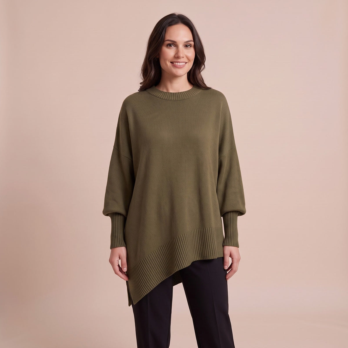 Lange Strickjacke Damenpullover in Olivgrün