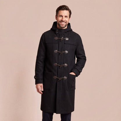 Langer Herren-Dufflecoat aus Wollmischung mit Kapuze und Knebelverschlüssen
