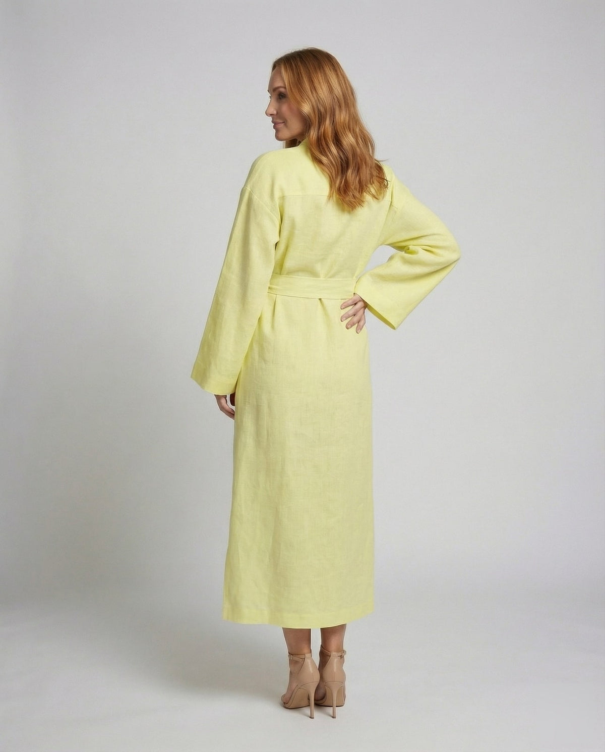 Kimono-Morgenmantel Damen lang mit breitem Bindegürtel 5