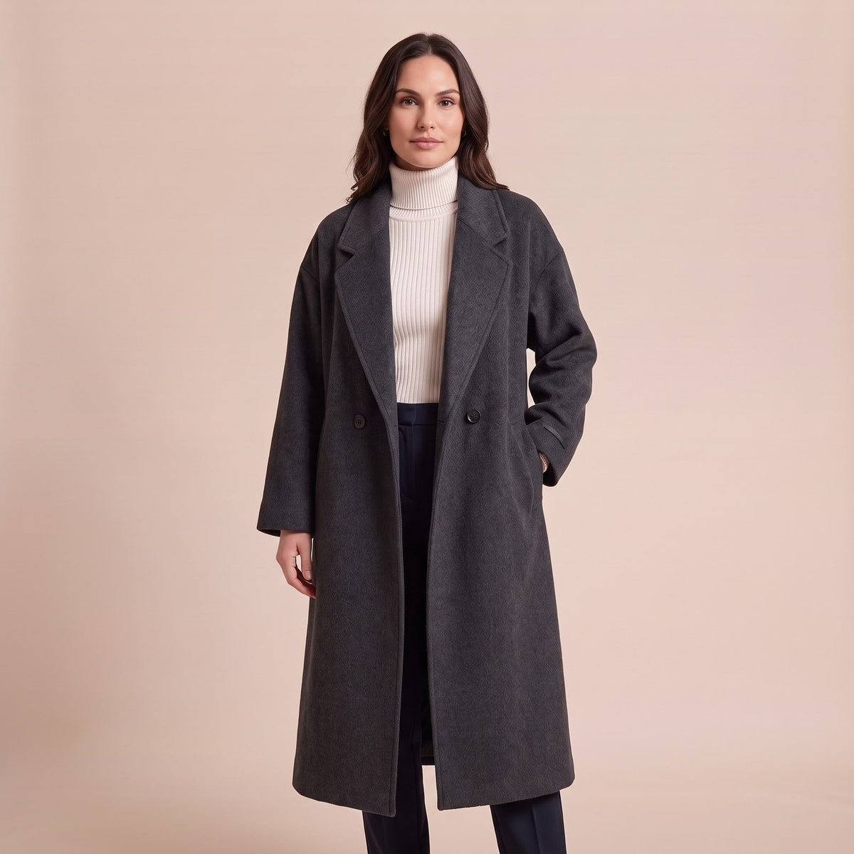 Oversize Wollmantel Damen lang mit weitem Revers 1