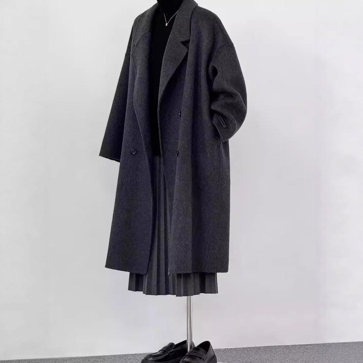 Oversize Wollmantel Damen lang mit weitem Revers 5