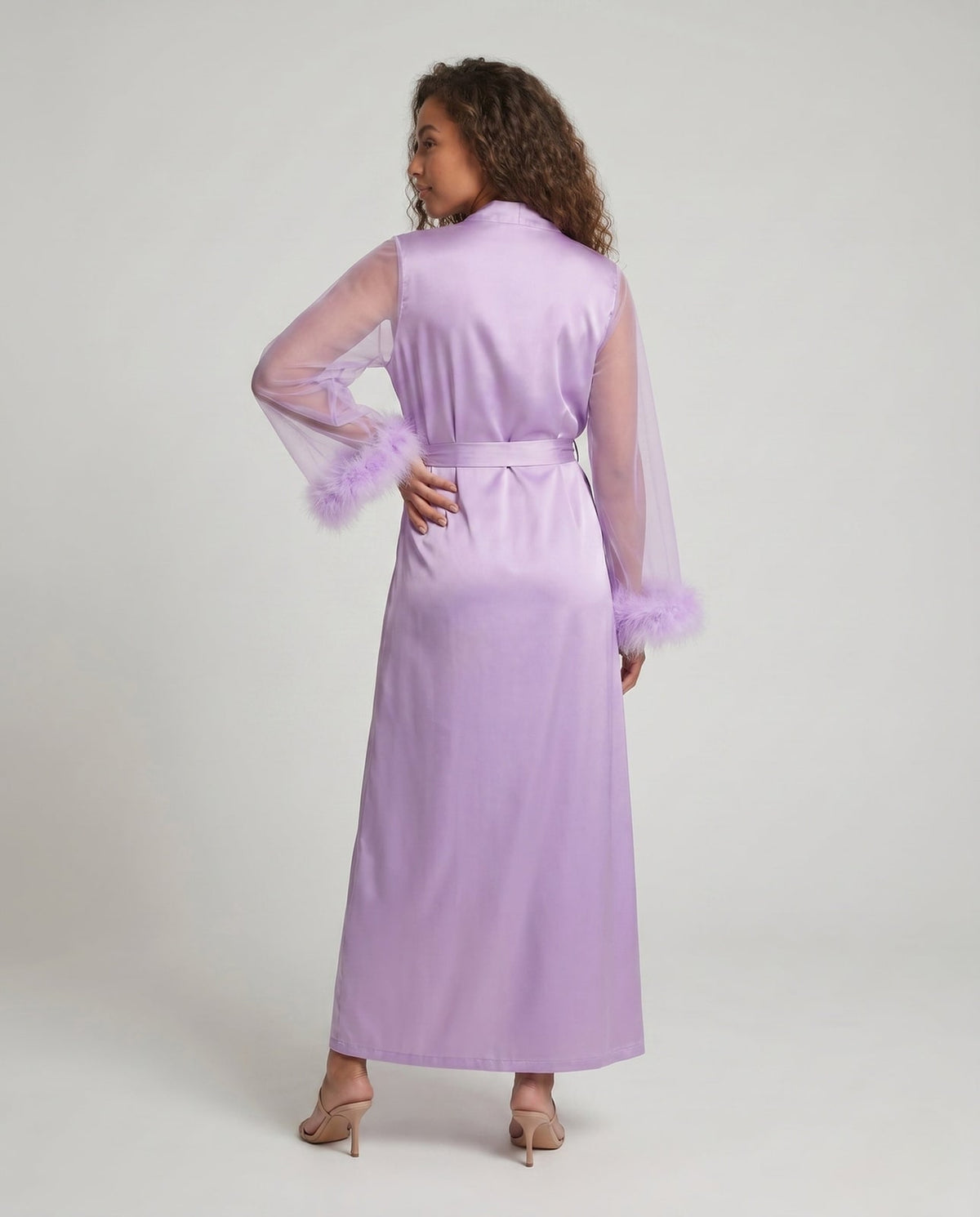 Satin-Morgenmantel Damen mit Felloptik-Manschetten, lang 3