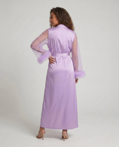 Satin-Morgenmantel Damen mit Felloptik-Manschetten, lang 3