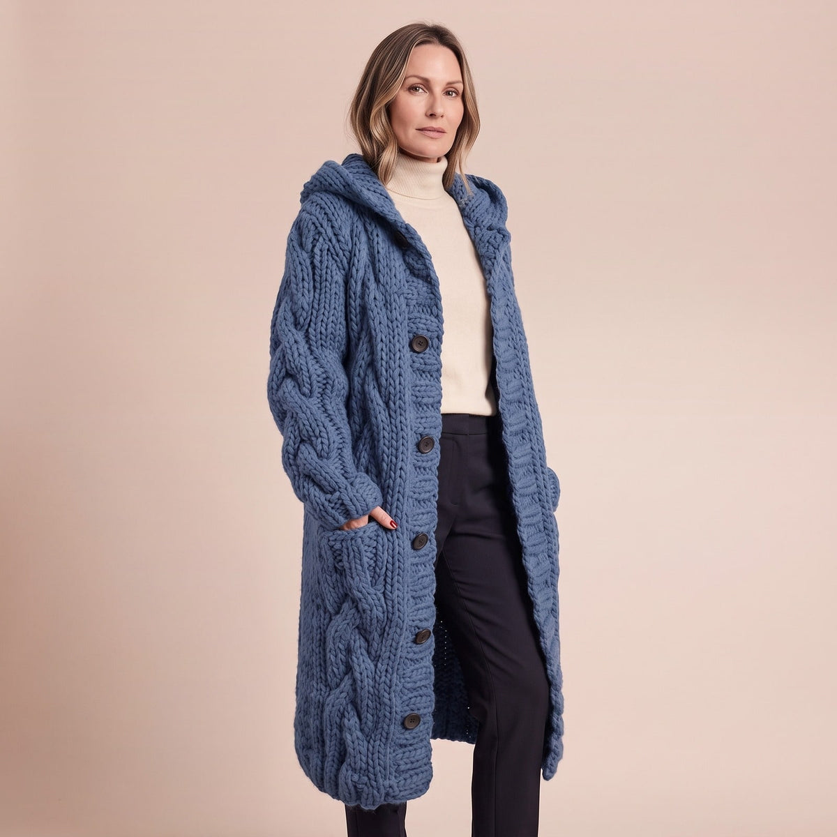 Langer blauer Strickmantel mit grobem Zopfmuster und Kapuze, offen getragen, mit Knopfleiste und aufgesetzten Taschen