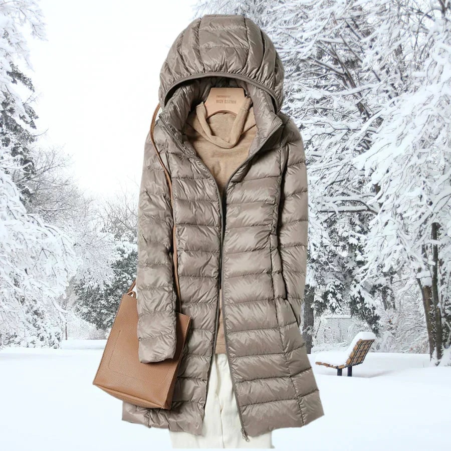 Leichte Daunenjacke mit Kapuze für Damen in Champagner