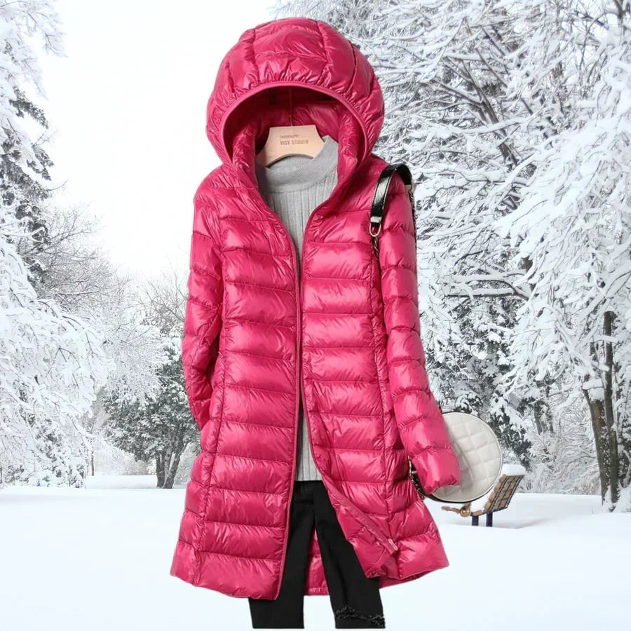 Leichte Daunenjacke mit Kapuze für Damen in Fuchsia
