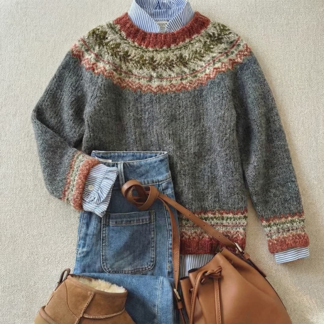 Norweger Pullover mit Rundpasse, Damen Strickpullover 2