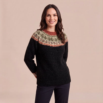 Norweger Pullover mit Rundpasse und gemusterten Bündchen, Damen Strickpullover mit Stehbund