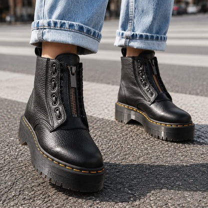 Schwarze Plateau Stiefeletten mit Reißverschluss zu Jeans 1
