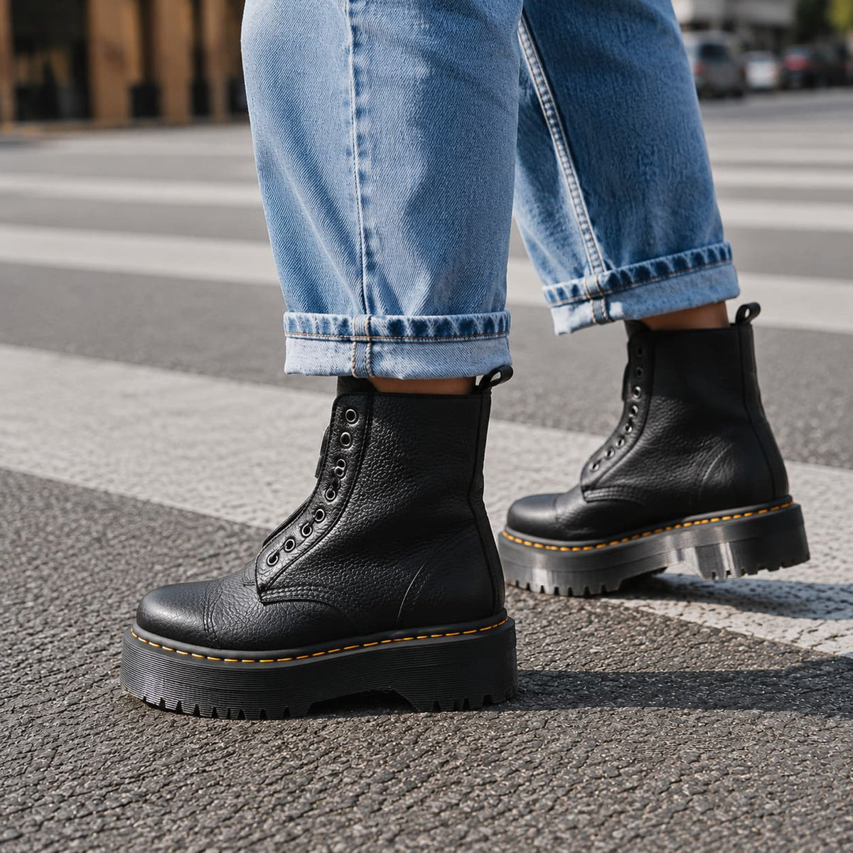 Plateau Stiefeletten von der Seite auf der Straße 2