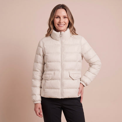 Kurze Puffer Jacket für Damen mit Stehkragen in Cremeweiß