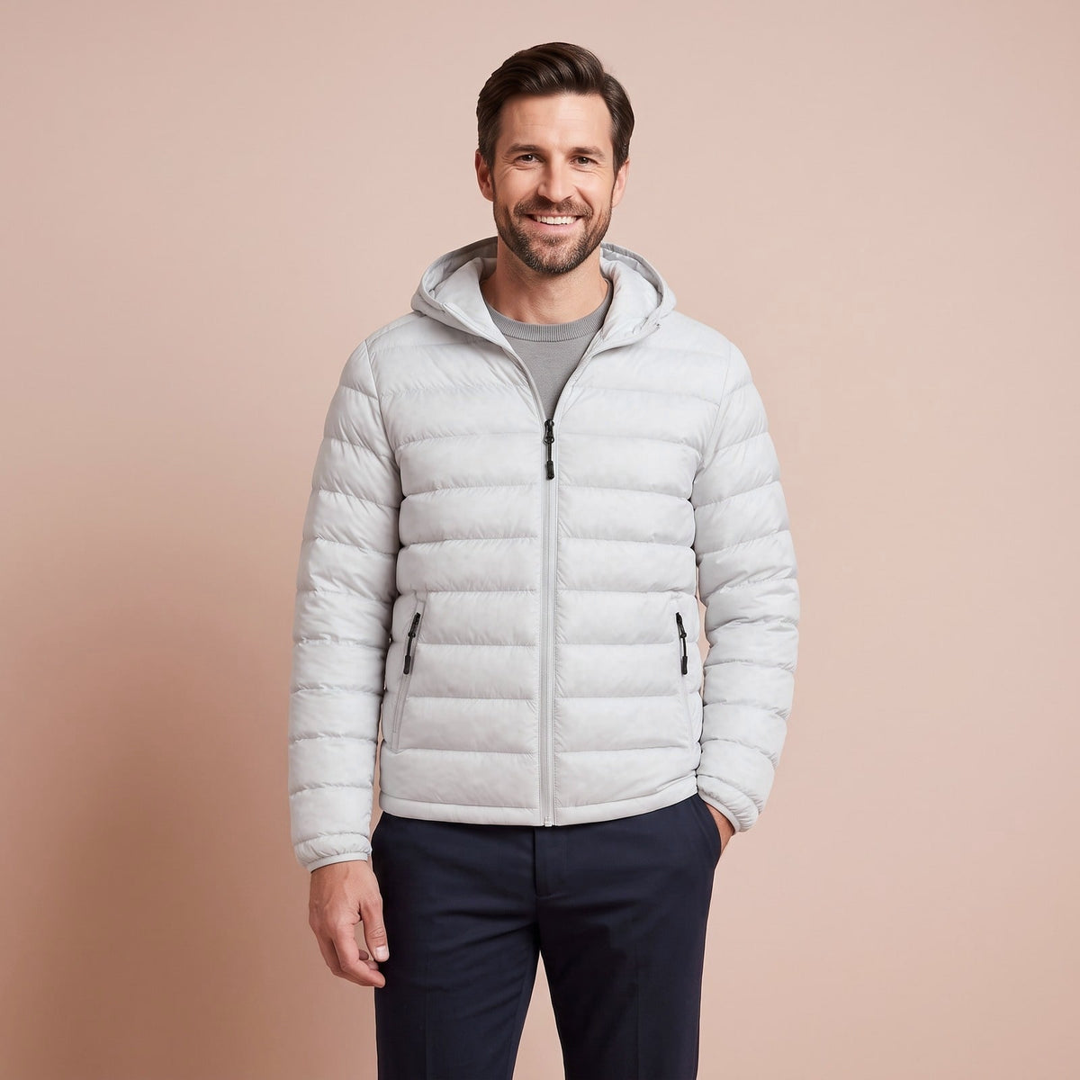Leichte Puffer Jacket für Herren mit Kapuze in Hellgrau