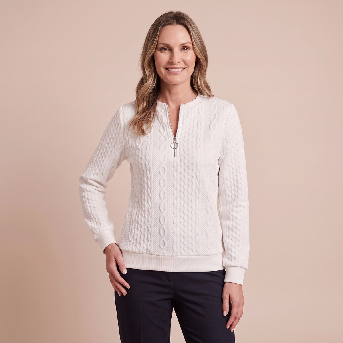 Pullover Damen mit Zopfmuster und Halbreißverschluss 1
