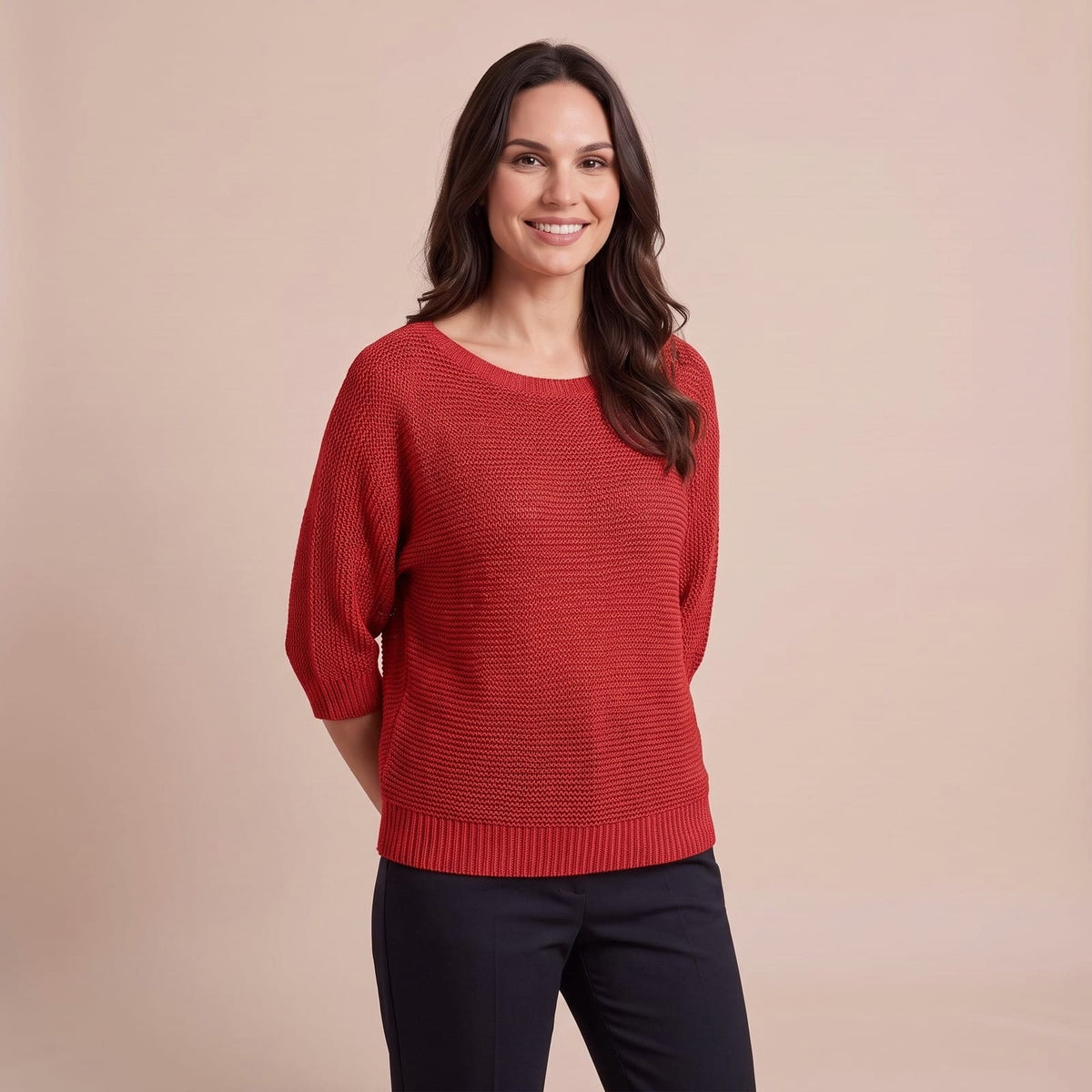 Roter Pullover mit Dreiviertelärmeln und weitem Rundhalsausschnitt, Strickpullover für Damen