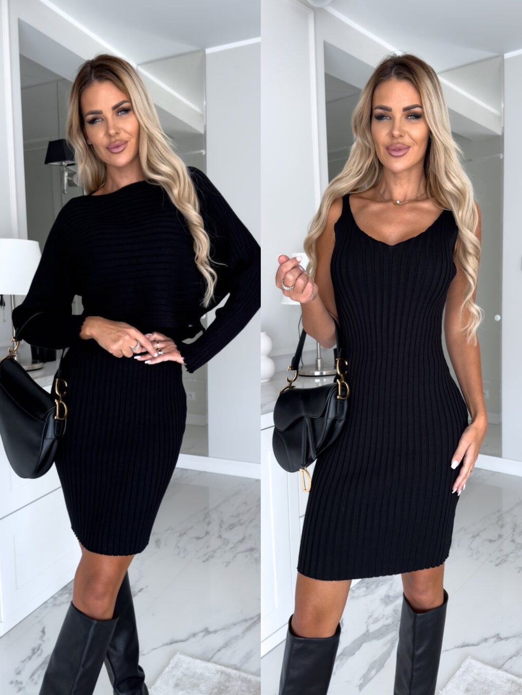 Schwarzes Strickkleid mit passendem kurzem Pullover im Set
