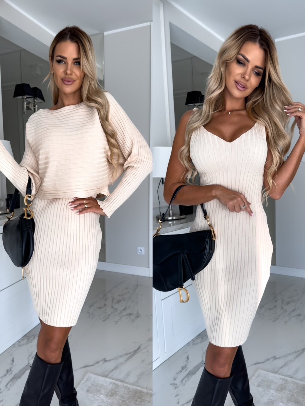 Cremeweißes Strickkleid mit passendem kurzem Pullover im Set