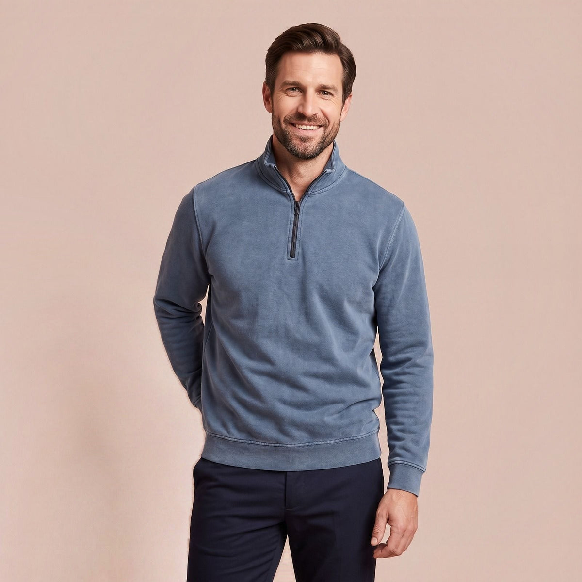 Quarter Zip Freizeit Pullover für Herren mit Stehkragen in Washed-Optik