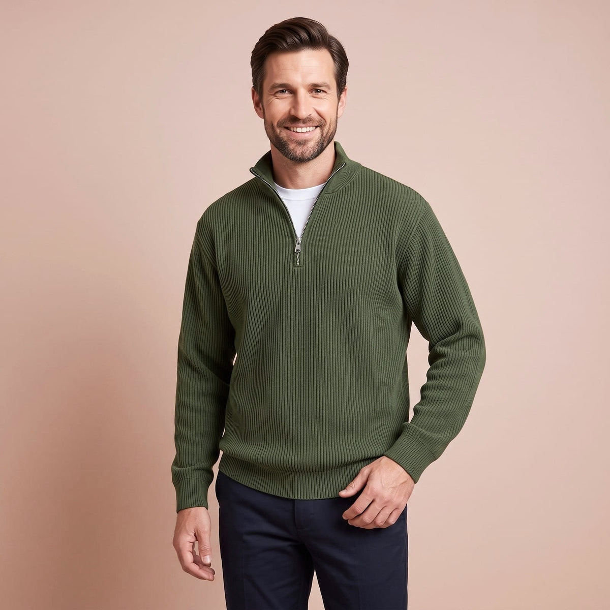Gerippter Quarter Zip Sweater für Herren in Armeegrün