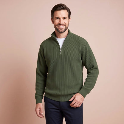 Gerippter Quarter Zip Sweater für Herren in Armeegrün