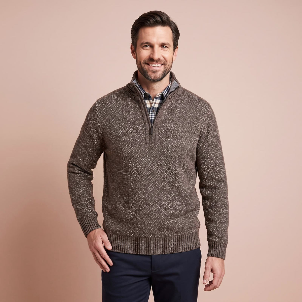 Quarter Zip Sweater für Herren aus Grobstrick in Braun