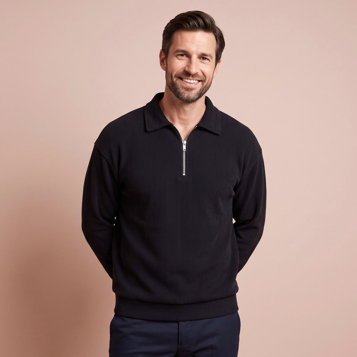 Quarter Zip Sweater für Herren mit Polokragen in Schwarz