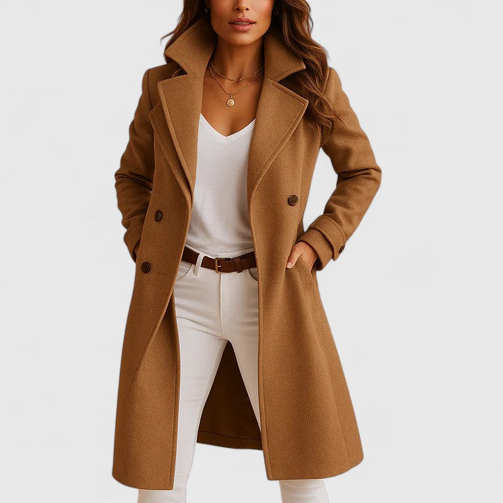 Schmal geschnittener Mantel mit Reverskragen in Camel