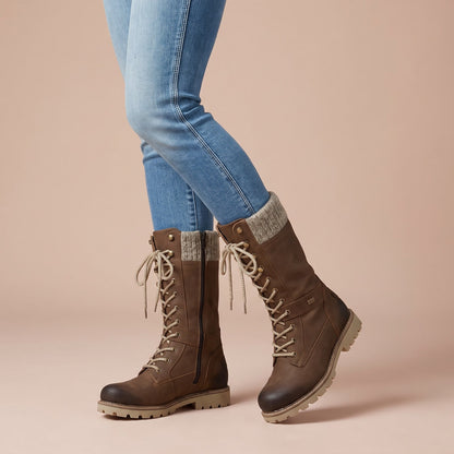 Schnürstiefel für den Winter mit Strickbund, Halbhohe Damen Winterstiefel in Lederoptik mit Reißverschluss
